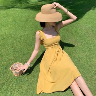 ** พร้อมส่ง ที่ไทย🇹🇭 ** Midi dress สีเหลืองแต่งสายระบายไขว้กากบาท DS068