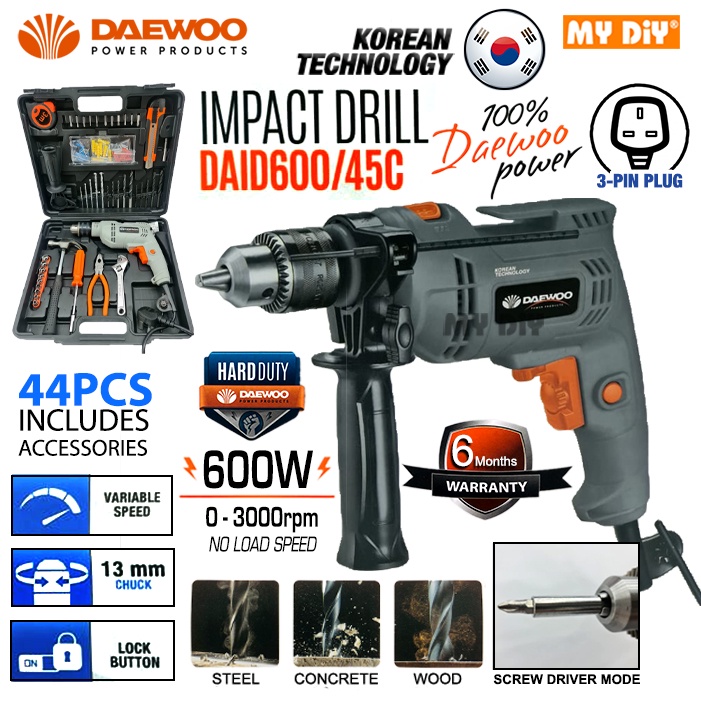 Mydiyhomedepot - DAEWOO สว่านกระแทกไฟฟ้า 600W 13 มม. 6 Mth รับประกัน 44 ชิ้นสว่านกระแทกเจาะ Mesin เจ