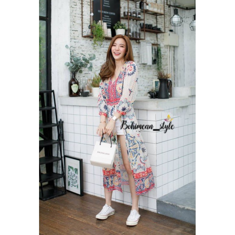 03พร้​อมส่งกดสั่งได้เลย​ Morocco​ Bohemian​ Long​ Tshirt เสื้อลายดอกไม้สไตล์วินเทจ เดรสไปทะเล