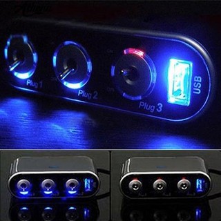 3 ทางรถซิการ์ไฟต์ Triple Socket Splitter เครื่องชาร์จ USB พร้อมไฟ LED