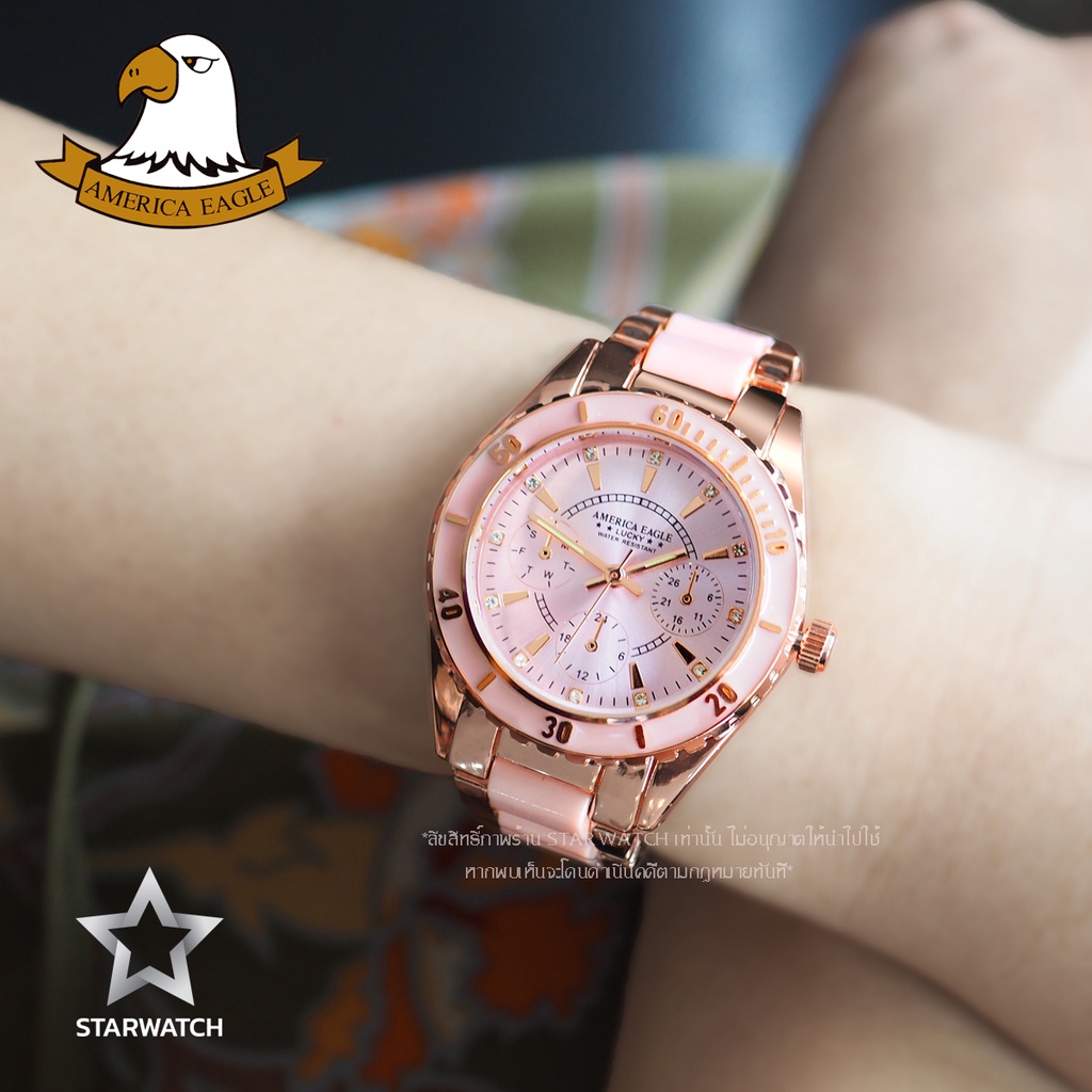 AMERICA EAGLE นาฬิกาข้อมือผู้หญิง สายสแตนเลส รุ่น AE004L - PinkGold/Pink/Pink