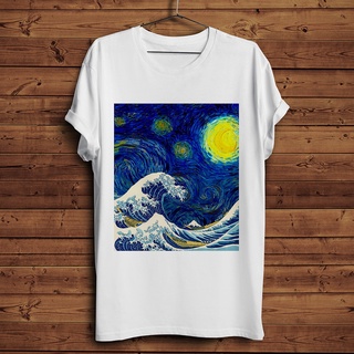 ขายดี!เสื้อยืดแขนสั้นลําลอง พิมพ์ลาย The Great Wave off Kanagawa mix Starry Night สีขาว สไตล์วินเทจ สําหรับผู้ชาย และผู้