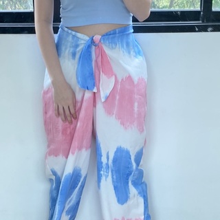 DAYTODAY DTD06 Sara Pants กางเกงมัดย้อมผูกเอว ด้านหลังสม็อค มาพร้อมผ้าโพกหัว (Pink blue)