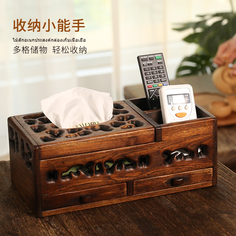 กล่องทิชชู่ลายไทย 2 ช่องข้าง 2 ลิ้นชัก ไม้สัก