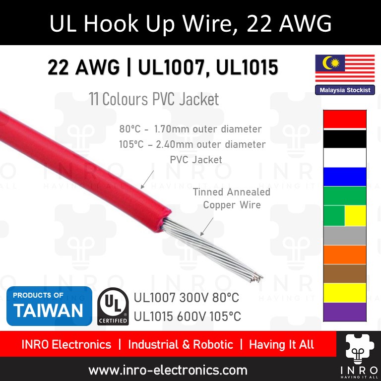 Hook Up Wire 22 AWG, UL1007 & UL1015, 8A Current, Wayar Kereta / Machine, Auto Cable (1 เมตร)