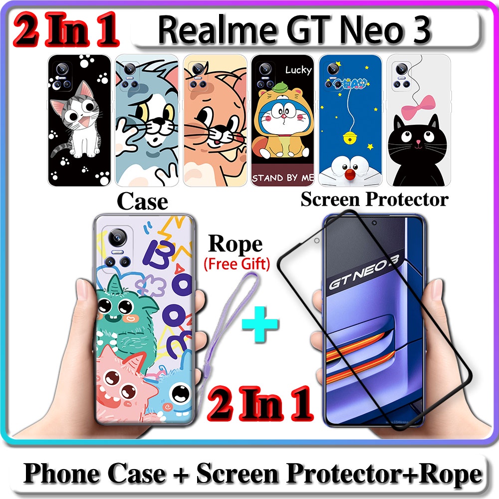 2 IN 1 เคส Realme GT Neo 3 พร้อมกระจกนิรภัยกันรอยหน้าจอโค้ง เซรามิค ลายแมวและโดราเอมอน