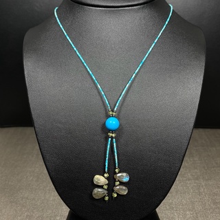 สร้อยคอหิน เทอร์ควอยซ์ เพอริดอท และ ลาบราโดไรท์ (Turquoise with Peridot + Labradorite Necklace)