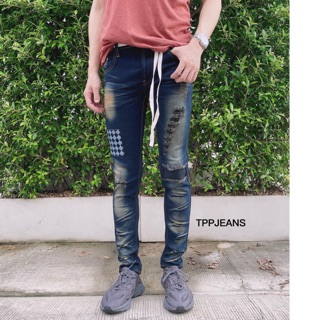 ็HD Skinny Jeans กางเกงยีนส์ชายทรงสกินนี่สีบลูฟอกสนิม แต่งขาด ผ้ายืด ใส่สบาย Size 28-34 รับชำระปลายทาง