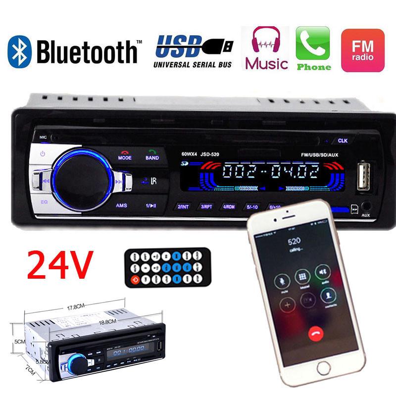 24 โวลต์ 1 Din Car Bluetooth วิทยุสเตอริโอหัวหน้าหน่วยเครื่องเล่น MP3 / USB / SD / AUX-IN / FM