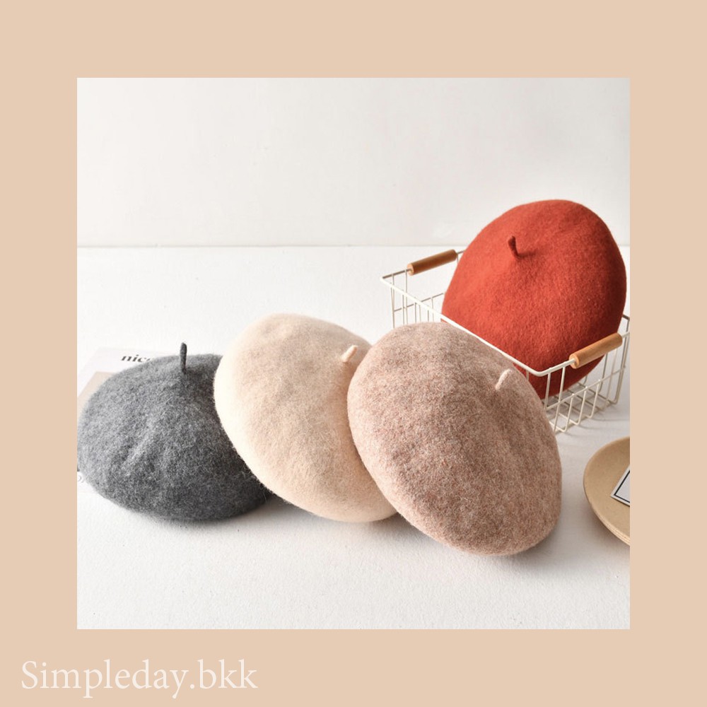 Simpleday.bkk : Bunny Wool Beret หมวกเบเร่ต์ ผ้าวูลหนา มีเชือกปรับขนาดได้