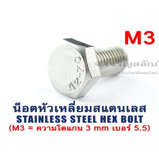 น็อตหัวเหลี่ยมสแตนเลส Stainless Steel Hex Bolt  M3 (แพ็คละ 10 ตัว)