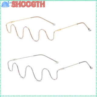 SHOOGTH Diamond Frame Eyeglasses Women Fashion Unique Wave Shape Decorative Sunglasses Without Lens Ladies Fake Glasses