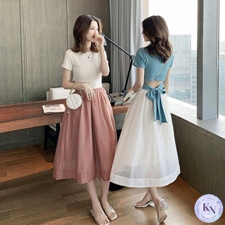 🎏Korea NEW ชุดเซ็ตเสื้อแขนสั้นผูกโบว์หลัง กระโปรงผ้าชีฟองพริ้วๆฟรีไซส์