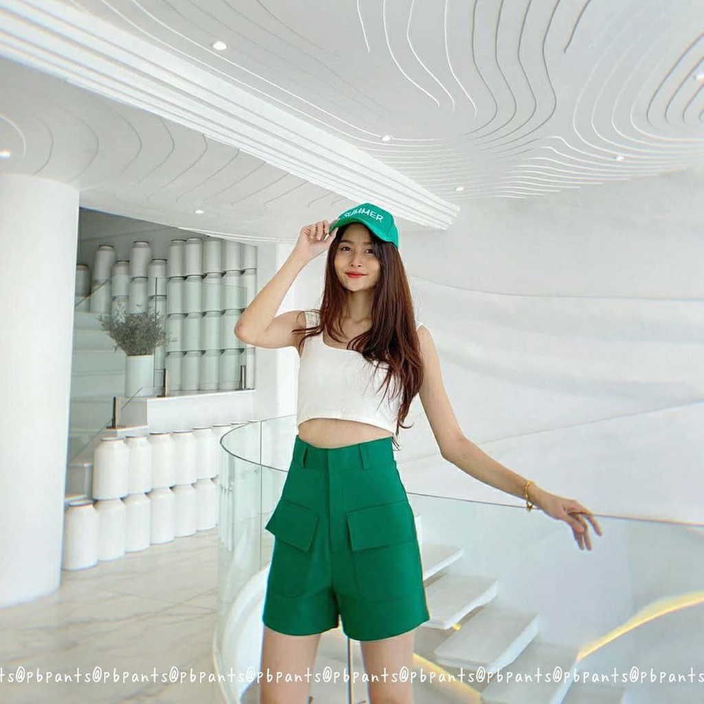 Pbpants กางเกงขาสั้นผ้าดับเบิ้ลแต่งกระเป๋าใหญ่