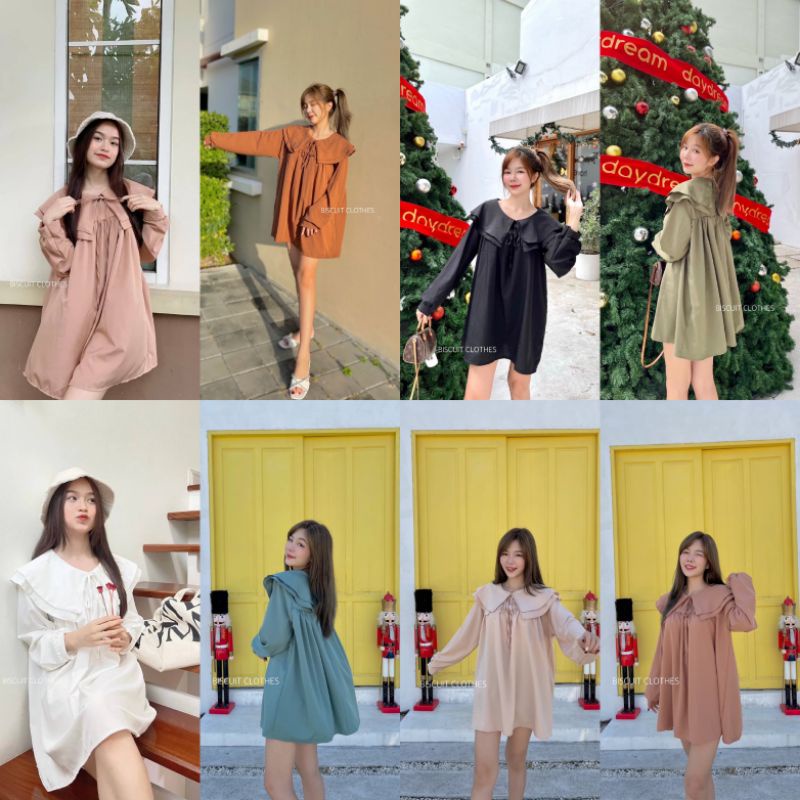 NVB2508 มินิเดรสคอปกระบายแขนยาว ทรงoversize