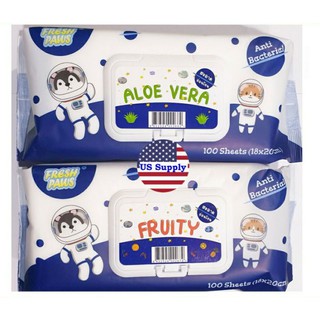 US Fresh paws (100 แผ่น) ผ้าเปียก ทำความสะอาดสัตว์เลี้ยง ไม่มีแอลกอฮอล์ อ่อนโยน ต้านแบคทีเรีย ทิชชู่เปียก