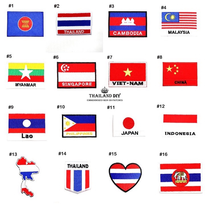 ตัวรีดติดเสื้อ ธงชาติติดเสื้อ ธงชาติไทย ธงชาติเอเชีย ประเทศ Asia Flag Patch wop งานปัก DIY ตัวรีด อา