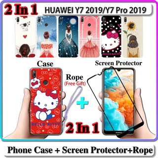 2 IN 1 เคส HUAWEI Y7 2019 Y7 Pro 2019 เคส พร้อมกระจกนิรภัยโค้ง ป้องกันหน้าจอ เซรามิค สําหรับเด็กผู้หญิง และคิตตี้