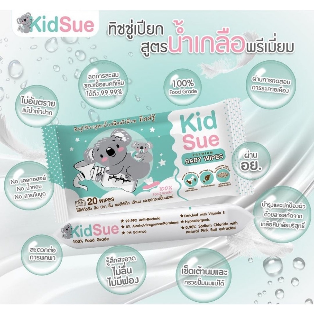 ทิชชู่เปียกสูตรน้ำเกลือพรีเมี่ยมคิดส์ชู่ Kidsue Food Grade มีอย.เช็ดมือ ปาก ลิ้น ฟัน เต้านม กรวยปั๊ม