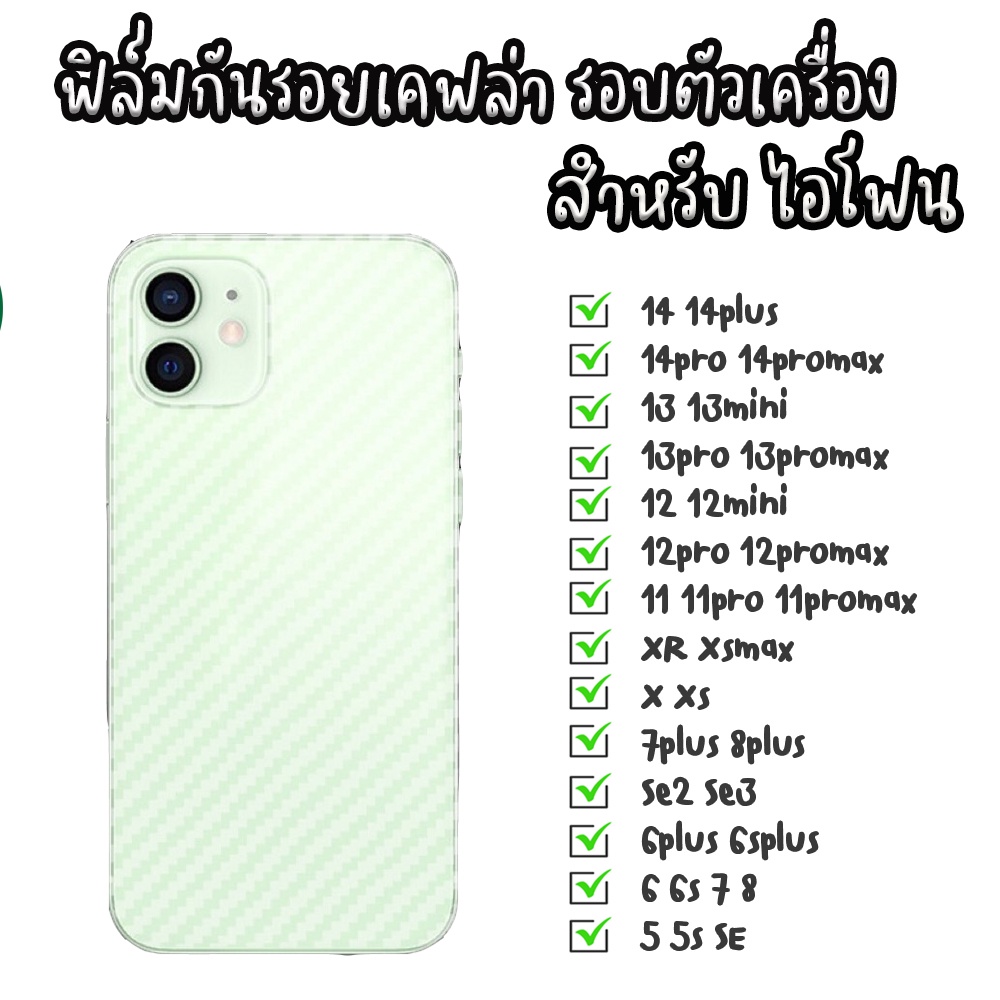 ฟิล์มกันรอยเคฟล่า รอบตัวเครื่อง ด้านหลัง ไอโฟน SE2020 6 6S 6+ 6S+ 7 8 8p X XR Xs XSMAX 11 11PRO 11PR
