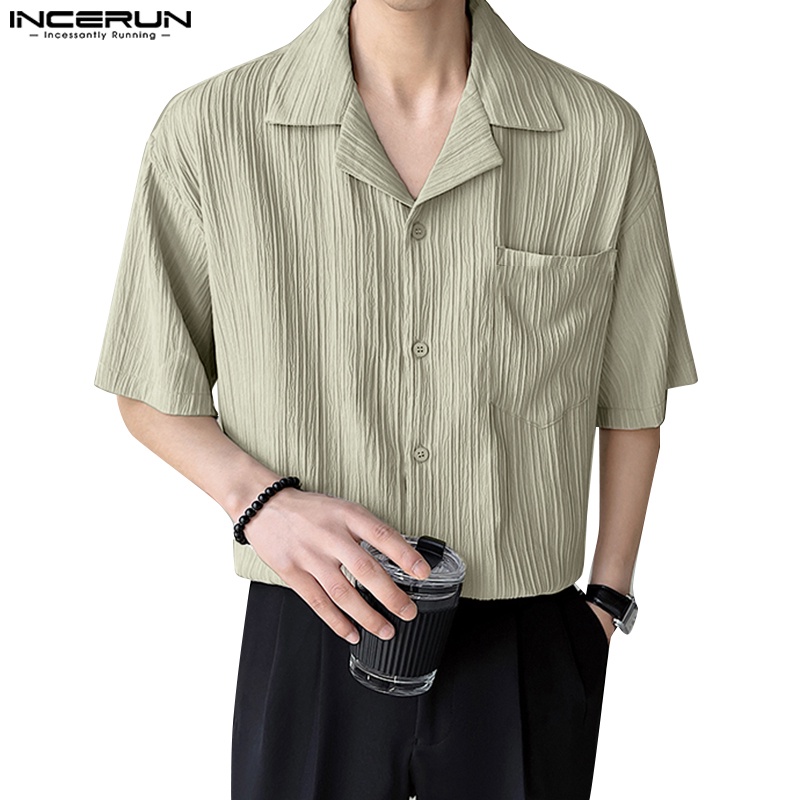 Incerun เสื้อเชิ้ต คอปก แขนสั้น ลายทาง สีพื้น แบบเป็นทางการ สําหรับผู้ชาย |  Shopee Thailand