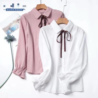 ใหม่ เสื้อเชิ้ต แขนยาว ผูกโบว์ สไตล์เกาหลี สีชมพู สําหรับผู้หญิง นักเรียน