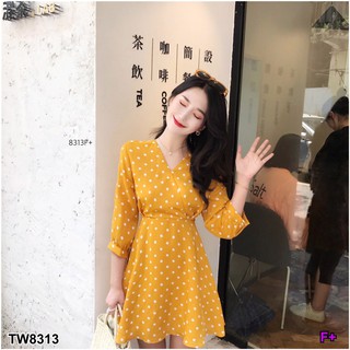 TwinsShopVip💗พร้อมส่ง TW8313 มินิเดรสลายจุดเหลือง yellow polka dot mini dress