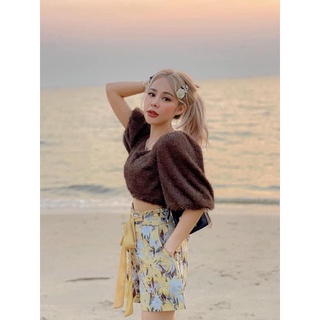 เซ็ตเสื้อขนและกางเกงผ้าทอลายดอกไม้ 2 ชิ้น สีน้ำตาล งานป้าย missagale kloset