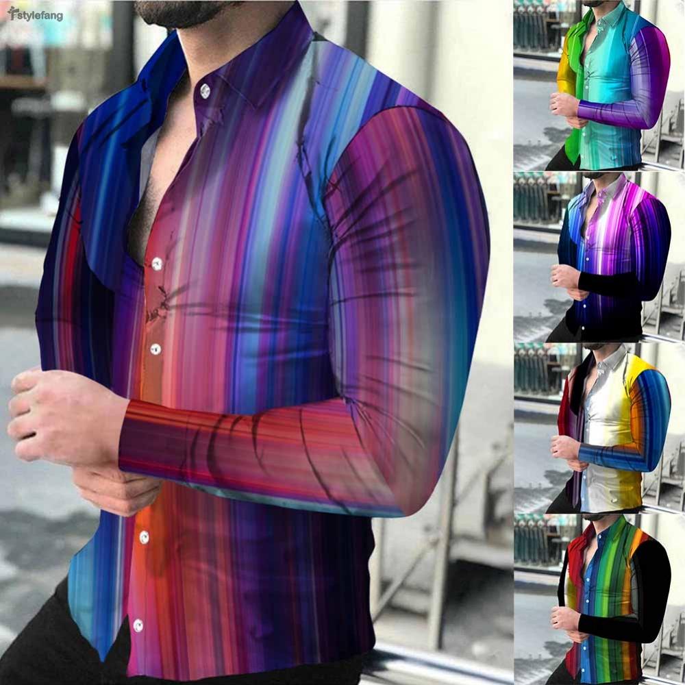 STYLEF-~Button Down Colorful Stripe Shirt Mens Baroque Party Long Sleeve T Vintage Dress-【STYLEF-Fashion】 #4