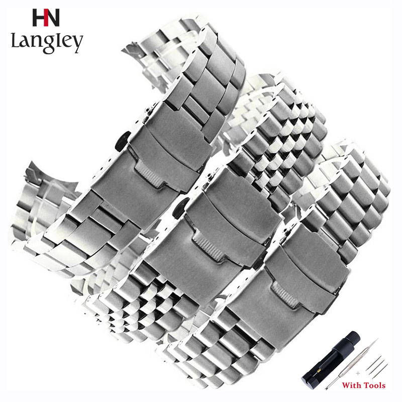 สแตนเลสเต็มรูปแบบ WatchBand สายเงินสีดําขัดบุรุษหรูหราสร้อยข้อมือปลายโค้งสําหรับ Seiko SKX007 SKX009