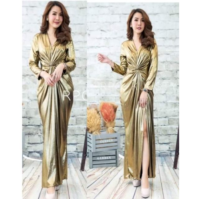 ช ดราตร ยาวส ทอง ช ดออกงานส ทอง เดรสส ทองเมท ลล ก พร อมเช า Shopee Thailand
