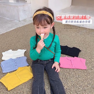 เสื้อยืดแขนยาว แต่งกระดุมด้านหน้า ผ้าถัก สีพื้น สไตล์เกาหลี สําหรับเด็กผู้หญิง