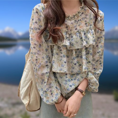 เสื้อชีฟองคอกลมแขนยาว พิมลายสวยค่ะ แต่งคอหยดน้ำด้านหลัง ดีเทลแต่่งระบายสวยที่คอและอกจร้า  #ขนาดอก 38