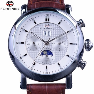 Forsining Fashion Tourbillion Design White Dial Moon Phase Calendar Display Mens Watches Top Brand Luxury Automatic Watc