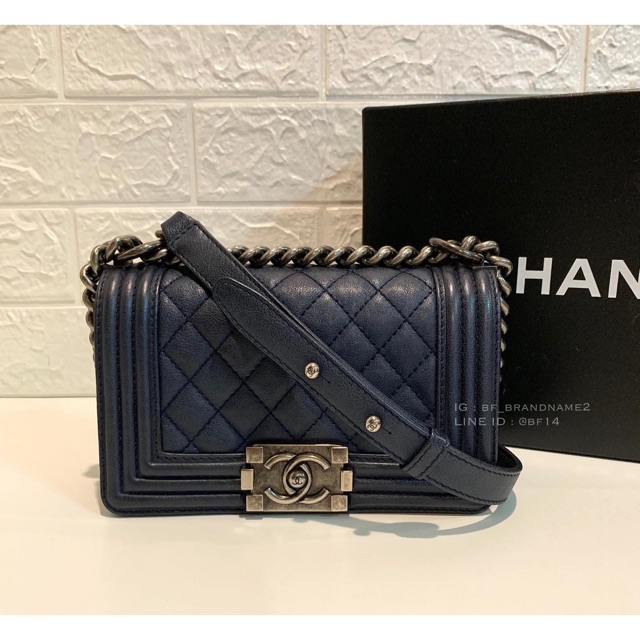 Used like new Chanel boy 8” Rhw Holo 18 calf skin navy color