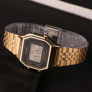 Casio รุ่น LA680WGA1DF นาฬิกาผู้หญิง สายสแตนเลสสีทอง หน้าปัดดำ ดีไซน์แบบวินเทจ สุดฮิต ประกันศูนย์ CMG 1ปีเต็ม