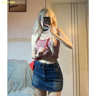 จัดส่งรวดเร็ว🌻💓Pure Desire Hot Girl Striped Vest Small Sling หญิงสูงเอวแน่นภายในสวมใส่ Navel Short Top