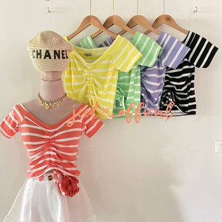 เสื้อครอป ลายทางสีรุ้ง เสื้อรูดหน้า แถมโดนัทรัดผมด้วยจ้าา🔥 มาแรงรับ summer🔥