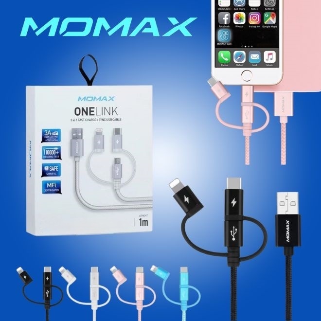 สายชาร์จ 3 in 1 MOMAX One Link Fast Charge / Sync USB Cable