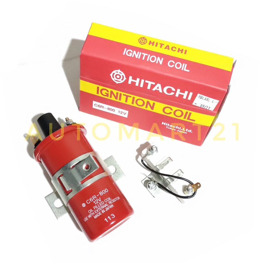 คอยล์จุดระเบิด HITACHI COIL 12V C6R 800 UNIOVERSAL ขวดยาว/HITACHI BOTTLE COIL + RESISTOR (C6R-800)