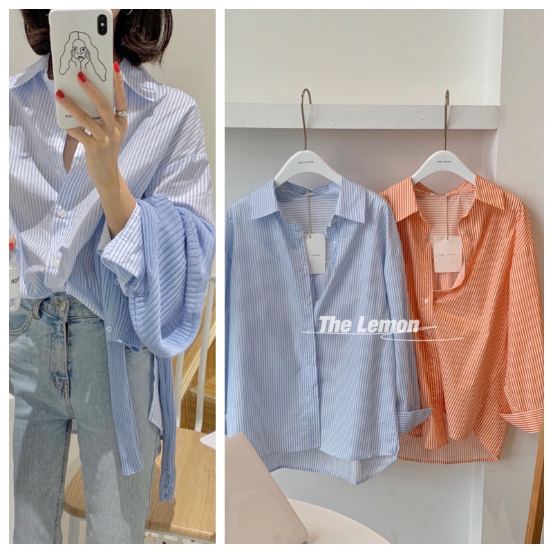 เสื้อเชิ้ต แขนยาว ผ้าชีฟอง ลายทาง ทรงหลวม สไตล์เกาหลี มุสลิม สีฟ้า สีส้ม สีฟ้า ราคาถูก สําหรับผู้หญิง
