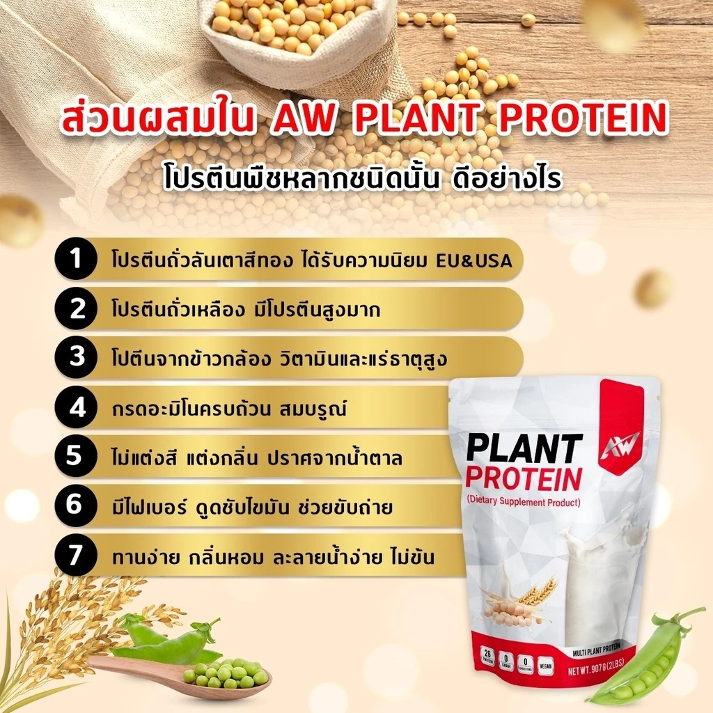 AW-PLANT PROTEIN สูตรเจ โปรตีนพืชหลายชนิด ขนาด 907 กรัม กล้ามเนื้อ ลีน อิ่มนาน ฟิต โปรตีนสูง คีโต วีแกน thumbnail 4