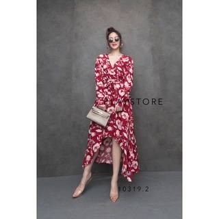 Common Hibiscus Long Sleeve Maxidress•• แมกซี่เดรสลายดอก เนื้อผ้านุ่มลื่นใส่สบาย แขนยาวเป็นคอวีไขว้ทับกัน ตัดต่อช่วงเอว