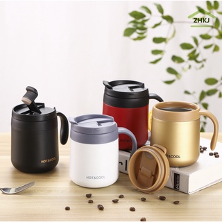 【ZHKJ】แก้วกาแฟร้อน เย็น สเตนเลส 304 350 มล. 500 มล. พร้อมที่จับ และฉนวนกันความร้อน