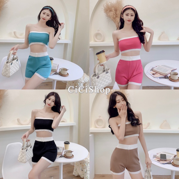 cicishop(SALE/สุ่มสี 3027)เซ็ตครอปเกาะอก+ขาสั้นไหมพรมknit ผ้านิ่มยืดได้เยอะใส่จับคู่แมตช์แซ่บๆ