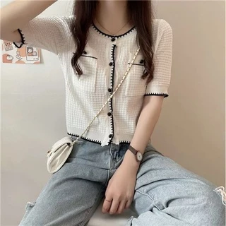 DODO🌟พร้อมส่ง​🌟​เสื้อคอกลมแขนสั้นแต่งกระเป๋าสองข้างทรงสวยฮิตสไตล์คุณผู้หญิงสีดำ/สีขาว(10029)