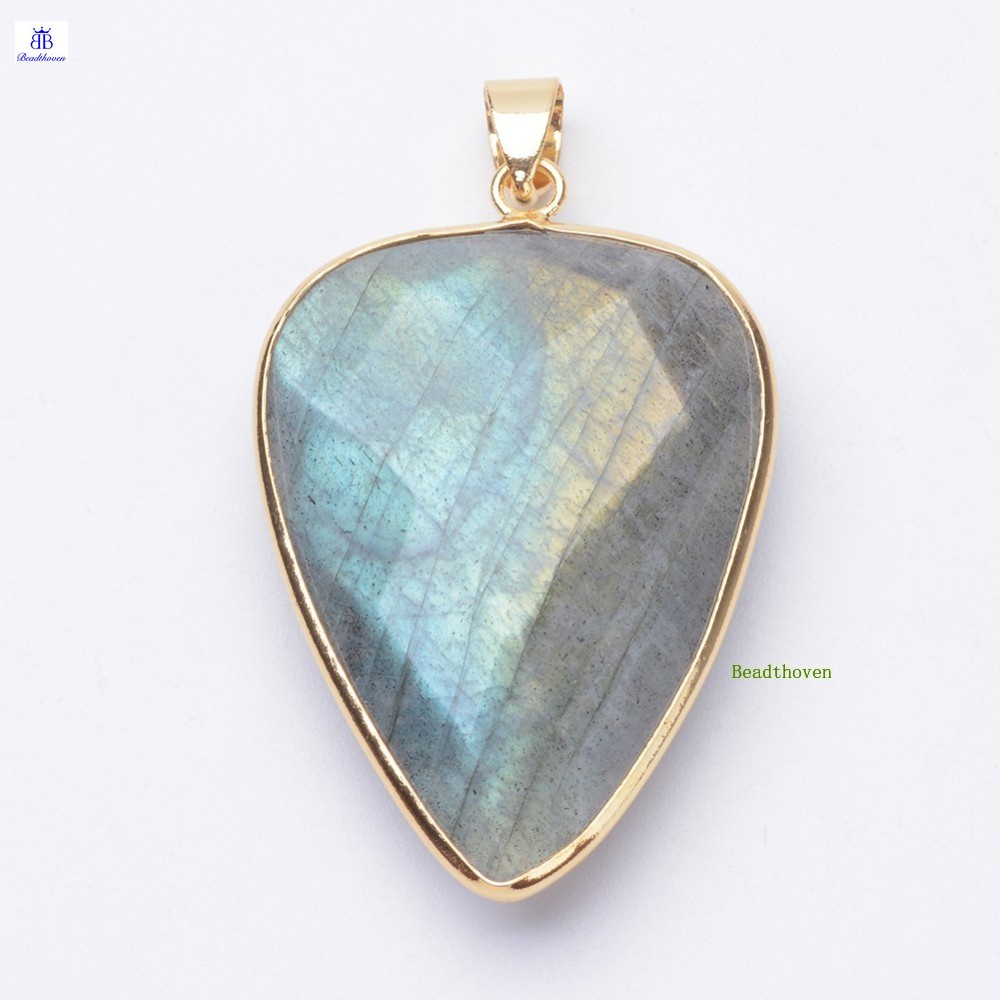1-2 ชิ้นเหลี่ยมเพชรพลอยธรรมชาติ Labradorite จี้สีทองทองเหลืองน้ําตาผลการค้นหา 40x27x7 ~ 9 มม.รู: 4x5 มม.