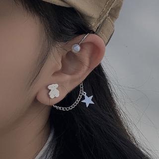 simple Bear Earrings personality girl bear star chain Earbone clip accessories