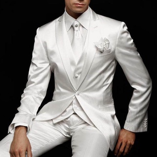 สีขาว Slim Fit Mens สูทสำหรับงานแต่งงานเจ้าบ่าว Tuxedos สูท Custom ซาตินชายแฟชั่นชุดแจ็คเก็ตกางเกงเสื้อกั๊กล่าสุด StyG