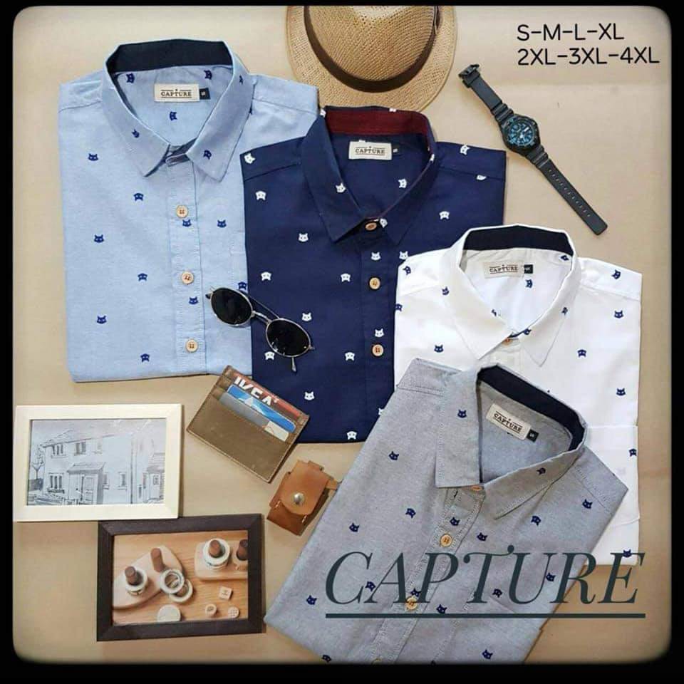 เสื้อเชิ้ตแขนสั้น คอปก ผ้า Oxford ลายน้องแมว มีถึงไซส์ 4XL